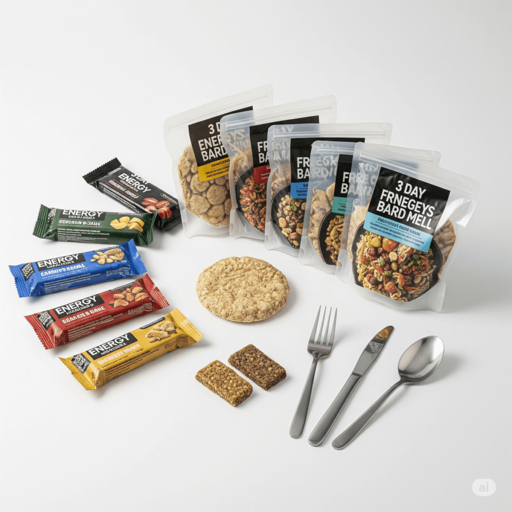 Suministro de alimentos para 3 días de supervivencia con barritas energéticas, comida liofilizada y cubiertos metálicos.