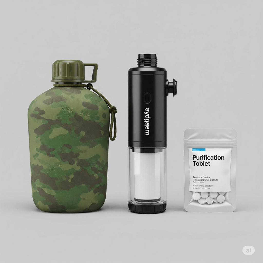 Equipo de hidratación para supervivencia: cantimplora de camuflaje, filtro de agua y pastillas potabilizadoras sobre un fondo neutro.