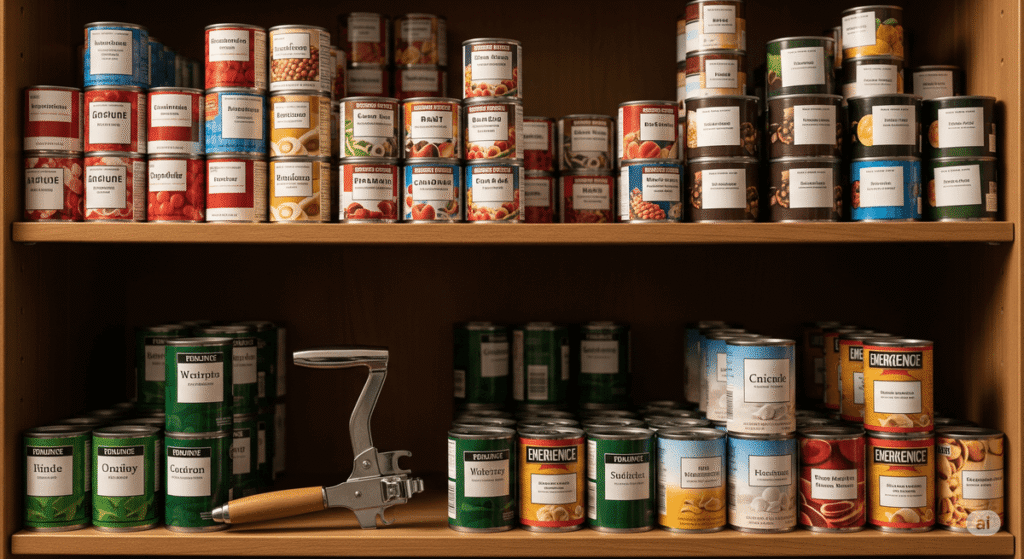 alimentos  enlatados colocados en estanterias