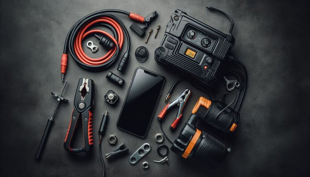 vista cenital de unas herramientas indispensables para una emergencia en el coche