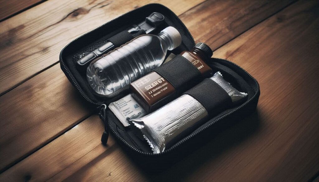 pequeño kit con alimentos y agua para una emergencia en el coche