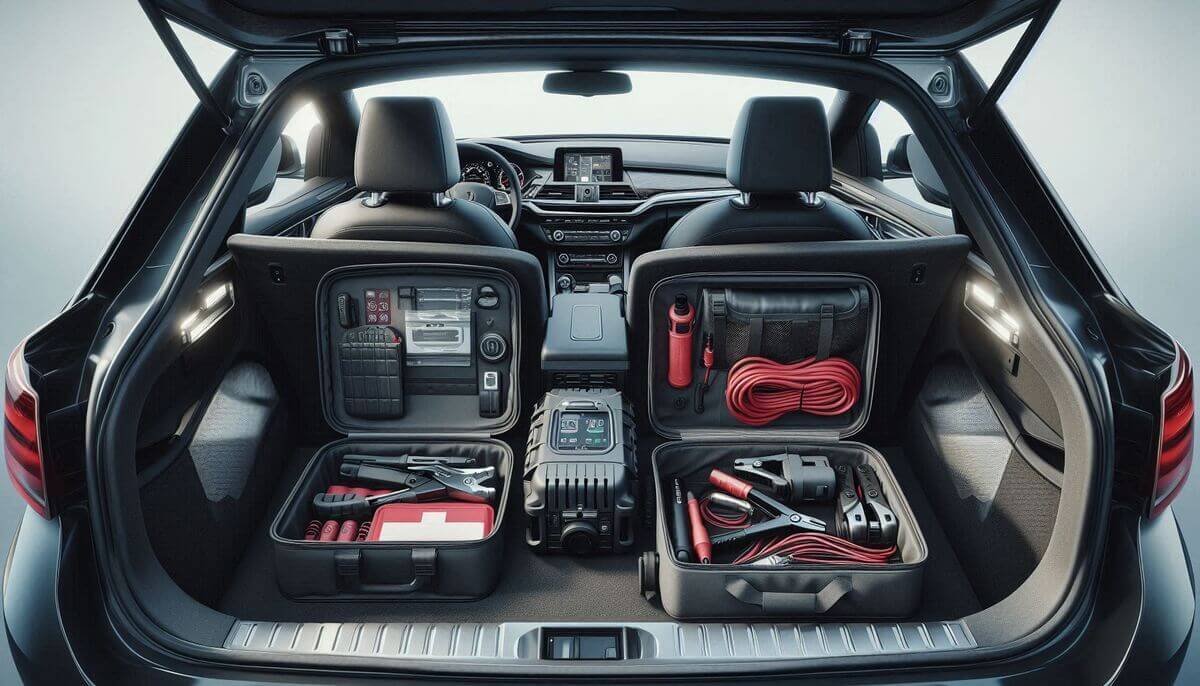 maletero organizado con kit de emergencia para el coche