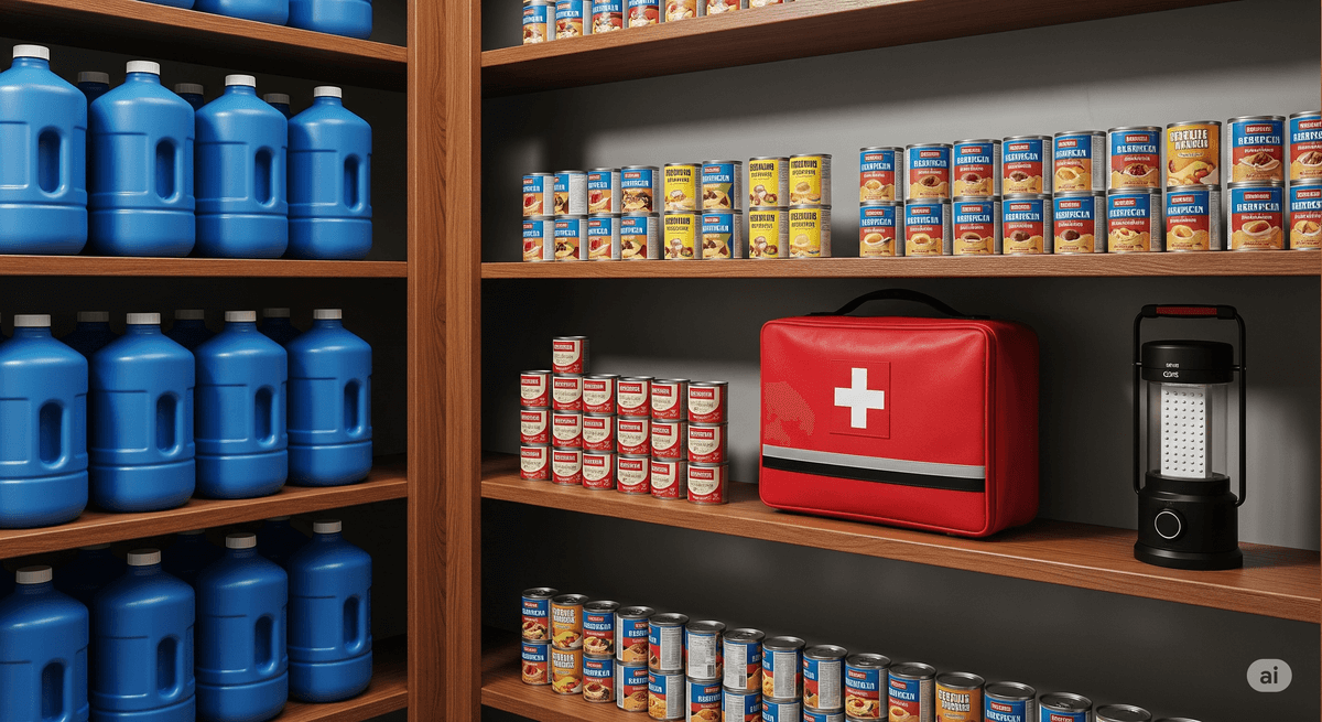 Despensa de alimentos bien organizada para un kit de emergencia familiar.