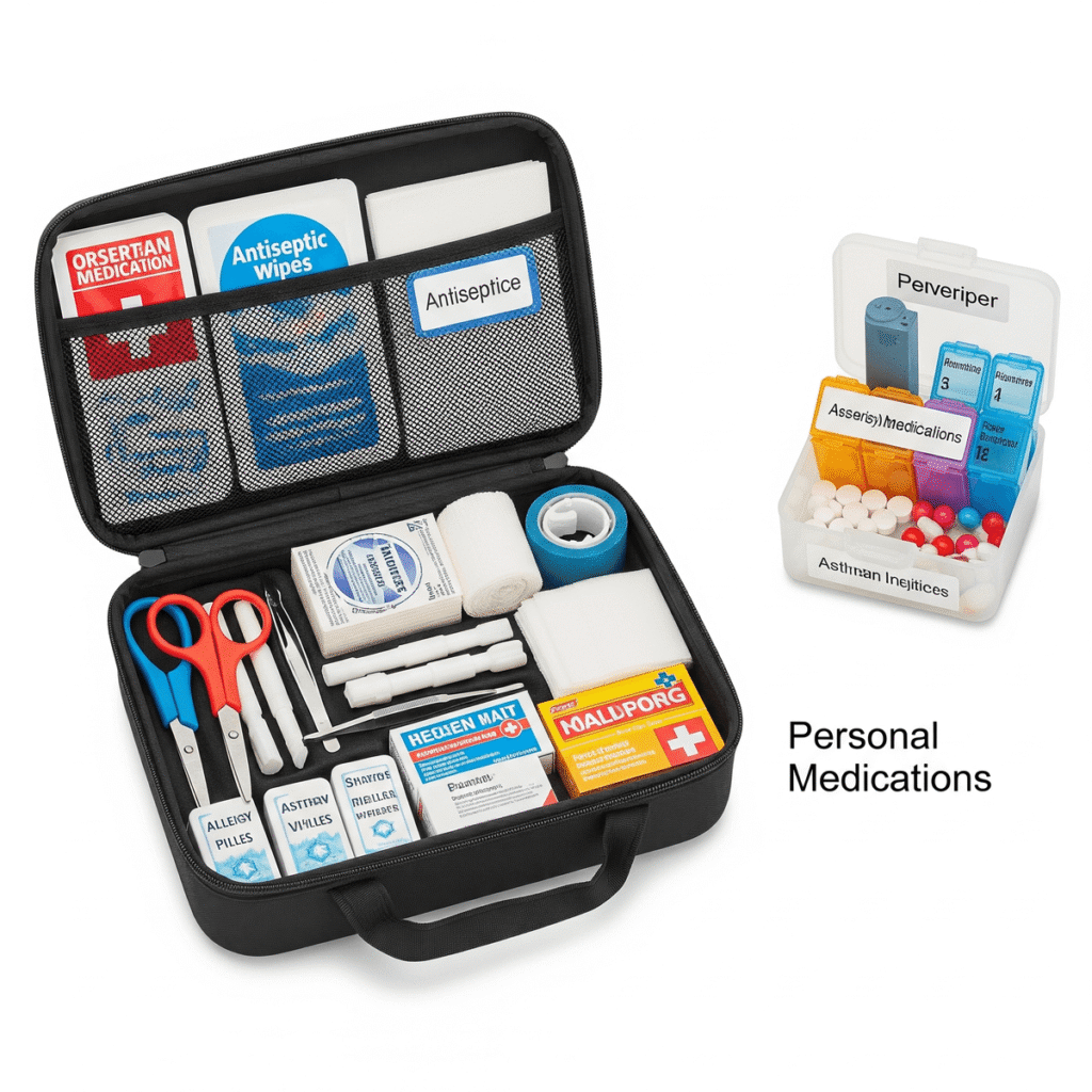 Botiquín de primeros auxilios completo y organizado con medicación personal para emergencias en una situación de supervivencia.