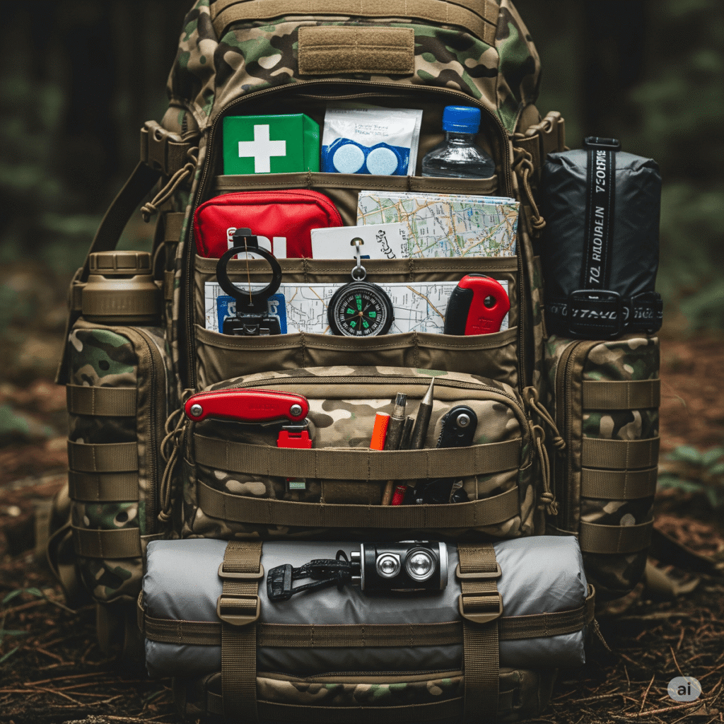 Mochila de supervivencia de 40-60L de camuflaje, equipada para 72 horas con kit de supervivencia visible y organizada para una expedición.