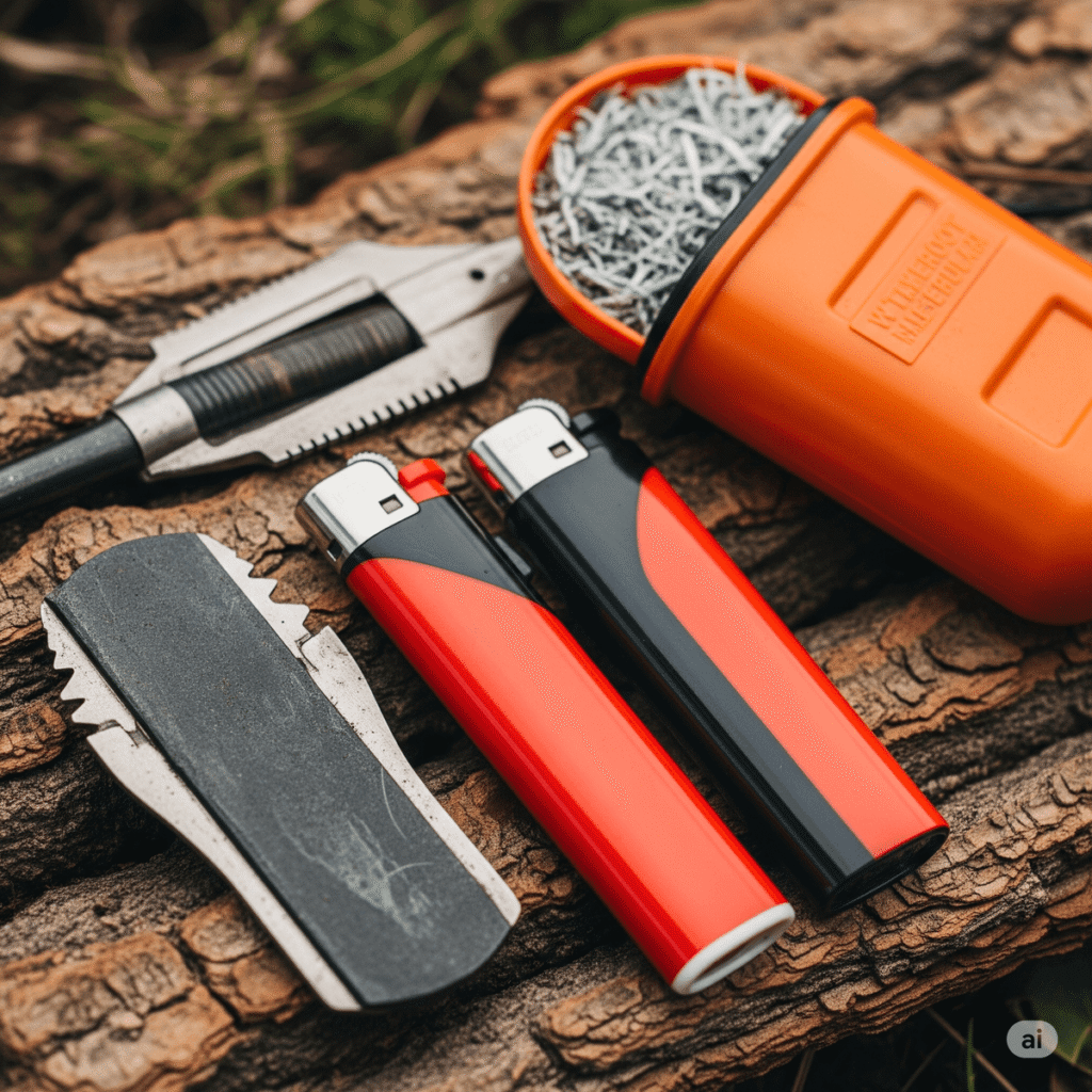 Kit para iniciar fuego en supervivencia con pedernal, mecheros y yesca impermeable sobre corteza de árbol.