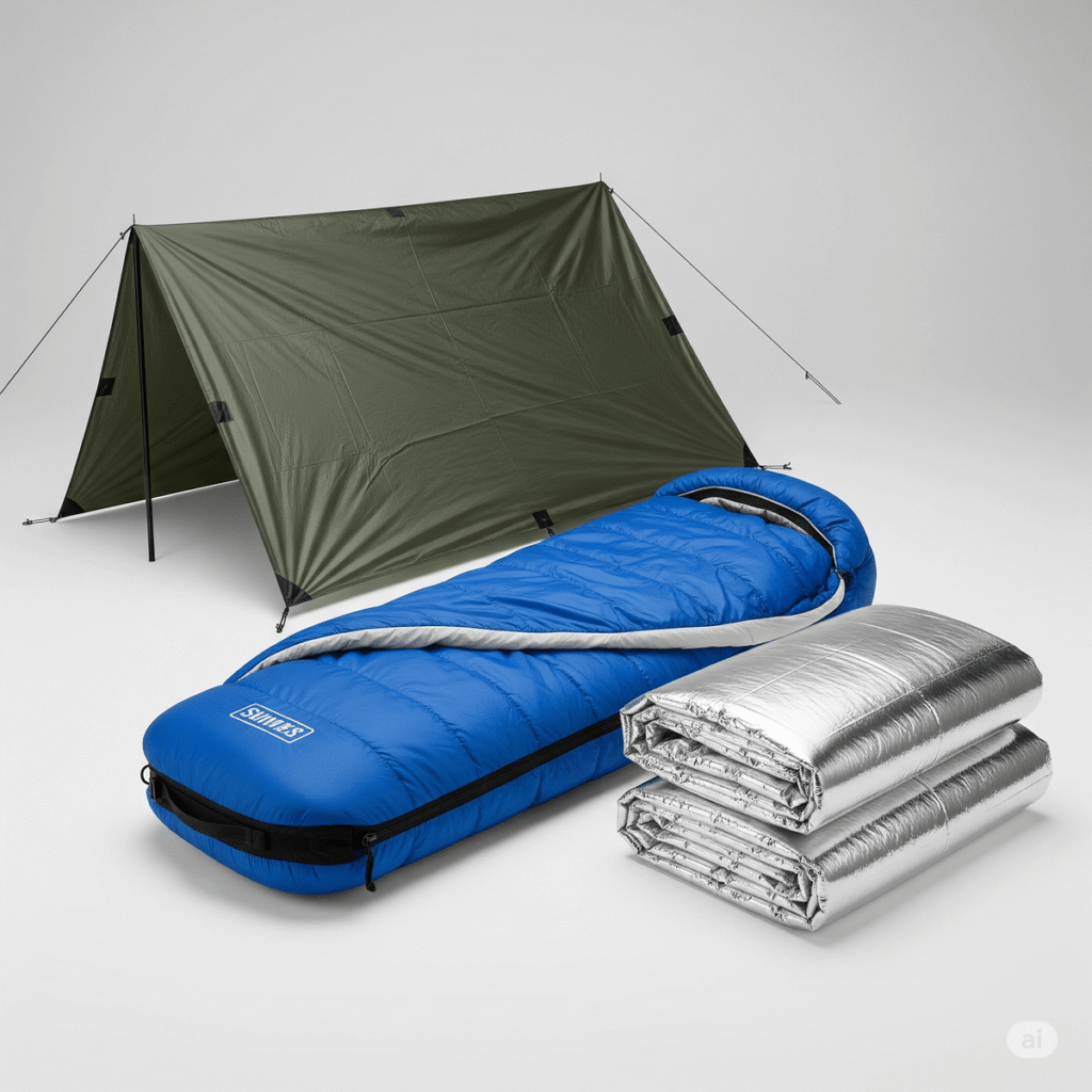 Kit de refugio y calor para supervivencia con lona impermeable, saco de dormir compacto y mantas térmicas de emergencia.